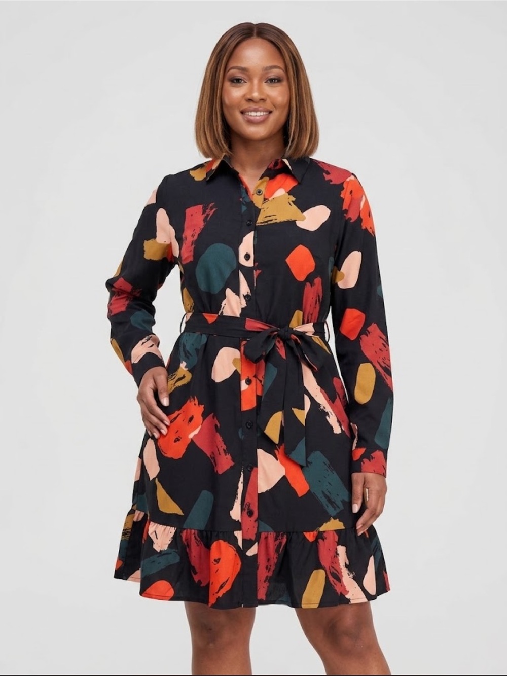 Printed Belted Shirt Dress in Multicolor
